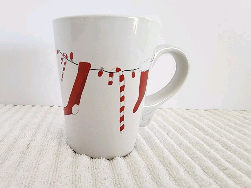 CHRISTMAS MUG California Pantry Stocking Candy Cane Lights CERAMIC Coffee Cup
